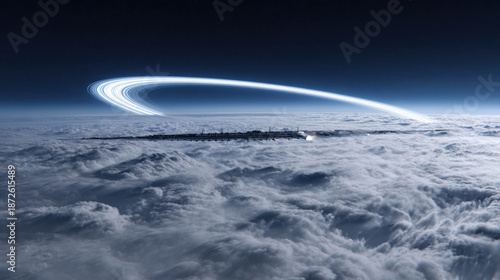 Atmospheric view of a gas giant encircled by bright orbital rings above dense cloud layers, illustrating stunning celestial phenomena