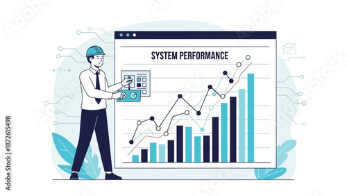 Engineer analyzing system performance chart with data visualization and graphs