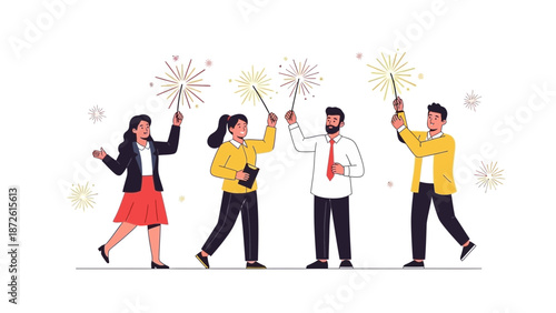 Diverse team celebrating with sparklers and fireworks, business success concept