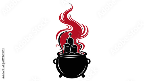 Halloween Witch Cauldron with Gravestones and Fire