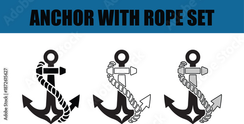 Set of black, white, and gray anchors with ropes wrapped around