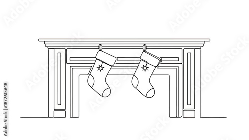 Christmas Stockings Hanging on Fireplace - Line Art Vector