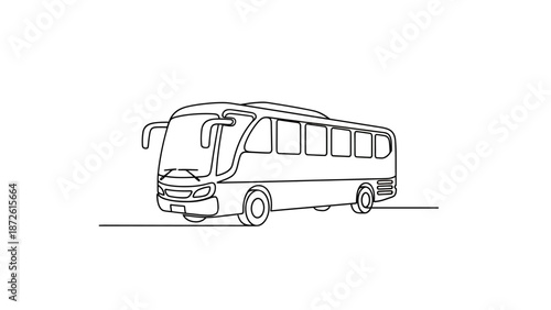 Continuous line drawing of a modern bus, isolated on white background.