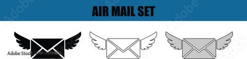 Set of three black and white envelope icons with wings for air mail