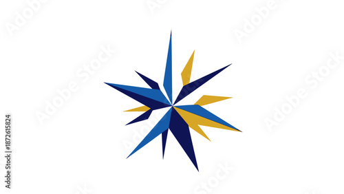 Abstract Compass Rose Starburst Graphic, Navigation Symbol, Blue and Gold