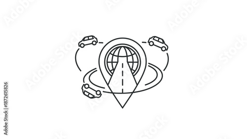 Global Navigation Map Pin with Cars and Road - Worldwide Travel Concept