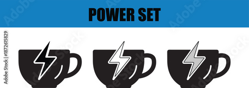 Set of lightning bolt icons in coffee cups for power and energy