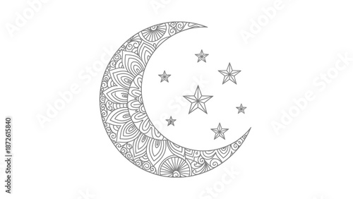 Ornate crescent moon with stars, mandala design, celestial, night sky element, line art
