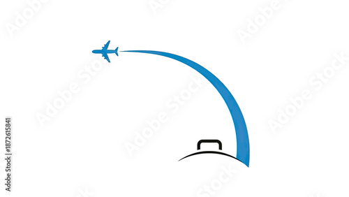 Airplane Flying Over Suitcase, Travel and Tourism Concept, Blue Curve Trail