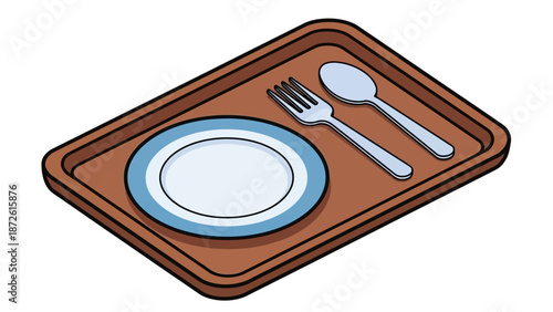 This clean and practical flat illustration depicts a standard brown rectangular cafeteria tray, neatly prepared for a meal