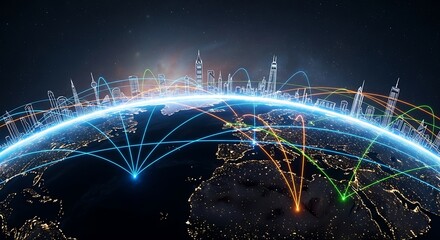 Global Network Connections and City Skylines on Earth at Night.