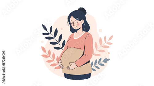 A Serene Journey into Motherhood: An Elegant Flat Illustration of a Pregnant Woman Embracing Wellness and Nature During Pregnancy