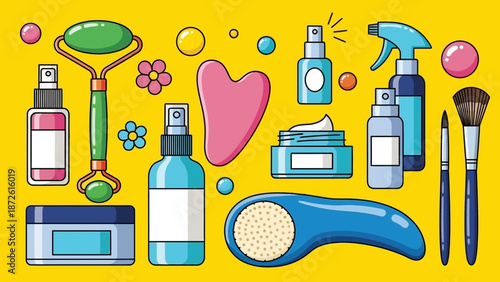 A Comprehensive Flat Illustration of Facial Tools and Beauty Products for a Professional At-Home Spa Experience