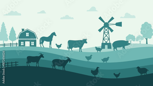 A Beautiful Layered Silhouette Illustration of a Thriving Agricultural Farm with Diverse Livestock