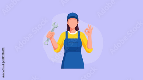 A Confident Flat Illustration of a Female Mechanic Holding a Wrench and Giving the "OK" Sign