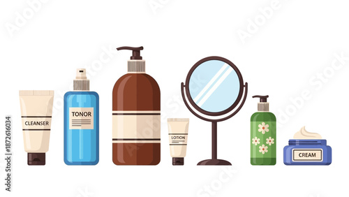 A Comprehensive Flat Illustration of a Modern Skincare and Beauty Product Set for Radiant Health