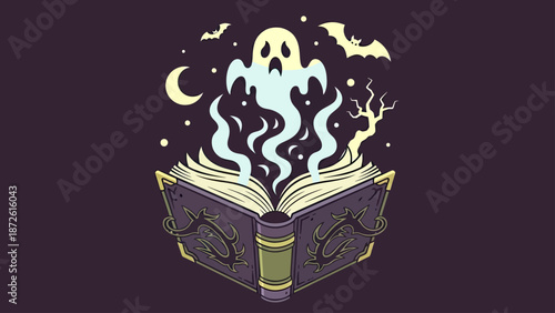 Enchanted Book Unleashes Ghost and Bats Under Crescent Moon