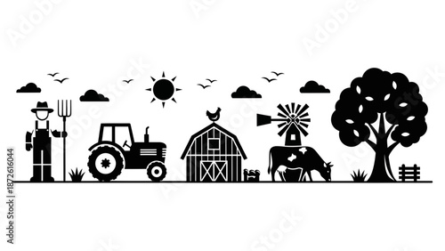 A Comprehensive Minimalist Silhouette Displaying the Essential Elements of a Traditional Farm