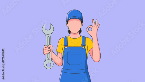 A Confident Flat Illustration of a Female Mechanic Holding a Wrench and Giving the "OK" Sign