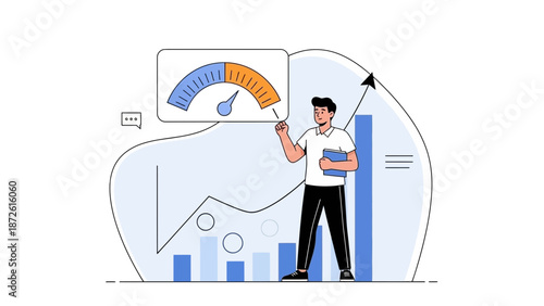 Man with Gauge and Growing Bar Chart - Business Growth and Performance