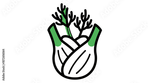 Fennel bulb with green fronds, minimalist illustration, healthy food icon