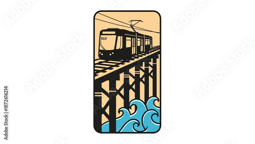 Modern Tramway Crossing a Bridge Over Stylized Blue Waves