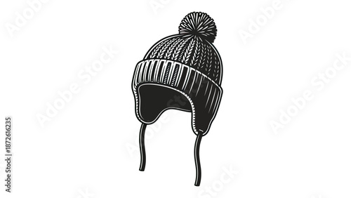 Winter Hat with Pom Pom and Ear Flaps - Black and White Illustration