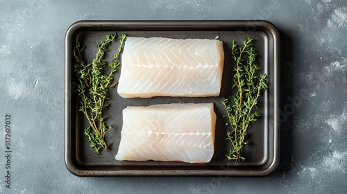 98.Uncooked Raw Cod Loin Fillet Steaks with Herbs in Kitchen Tray. Gray Background. Top View