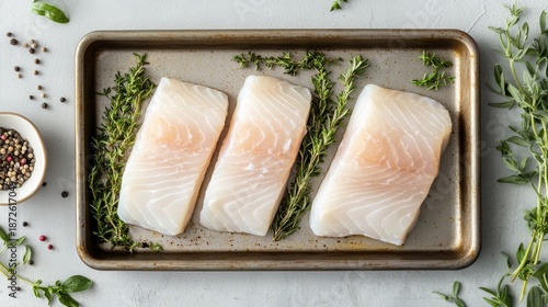 99.A high-quality top-down view of uncooked raw cod loin fillet steaks arranged on a kitchen tray, surrounded by fresh herbs like rosemary and thyme. The soft gray background complements the pale