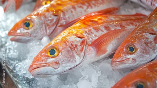 122.Fresh Goatfish, Red Mullets or Surmullets Lying on Ice in a Fish Shop or Market