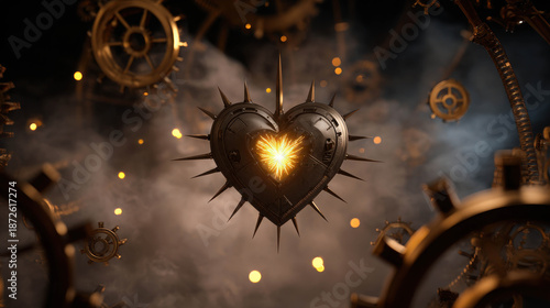 Clockwork Heart Pulsing With Golden Light Amidst Gears and Steam, A Stunning Visual Representation of Mechanical Elegance and Intricate Design