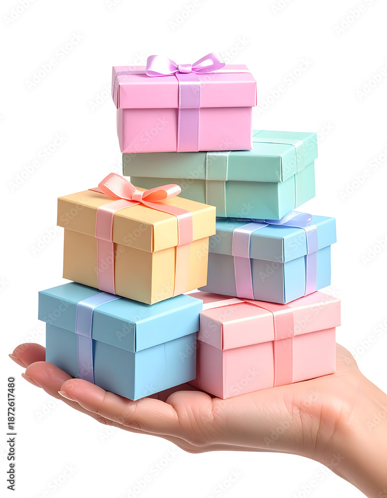 Obraz premium A pile of small elegant presents in pastel shades being held for a celebration.