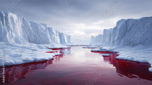 Breathtaking and Realistic Landscape of Red Water Flowing Through Glaciers Under a Dramatic Sky Captured in Nature Photography