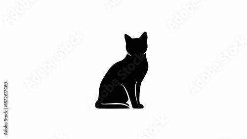 Black Cat Silhouette Sitting Gracefully Isolated on White Background.