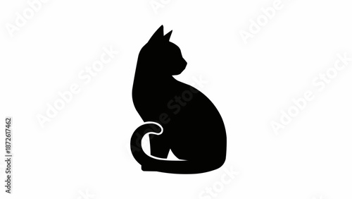 Black Cat Silhouette Sitting Gracefully Curled Tail.