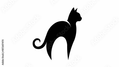 Black Cat Silhouette Standing Gracefully with Curled Tail.