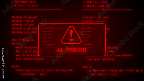 Red digital AI error message on a dark screen with glowing red code and programming text, featuring an exclamation mark in a triangle, indicating a critical failure in artificial intelligence systems