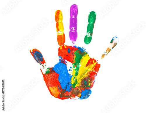 Vibrant multi-colored handprint on a plain background, symbolizing creativity and diversity.