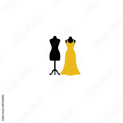 Stylized vector illustration featuring a classic tailor's dummy alongside an elegant yellow evening gown, symbolizing fashion design, clothing creation, and timeless style