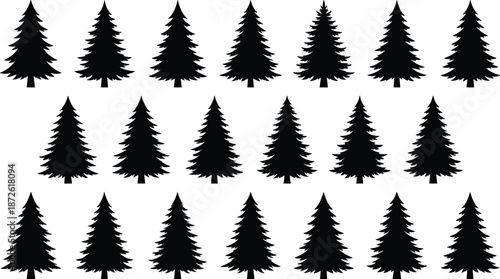 Set of black pine tree silhouettes isolated on white background evergreen forest icons collection minimalist nature vector illustration