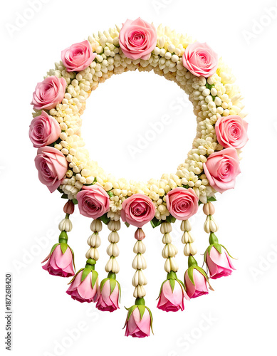 Exquisite Thai flower garland handcrafted from fresh white jasmine and vibrant pink roses for traditional ceremonies.