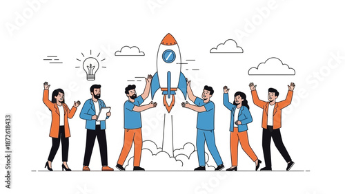 Team Launching Rocket Ship: Startup, Innovation, Success, Business Growth Concept