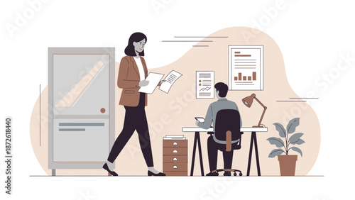 Office workers collaborating on documents in a modern workspace