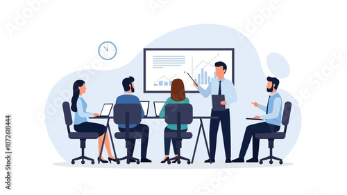 Business meeting with presentation on whiteboard, team collaboration, planning, strategy