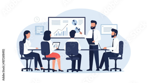 Business meeting in office with presentation and charts on screen