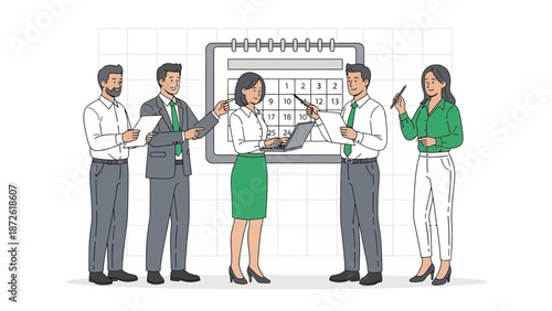 Business team planning a project with a calendar and laptop