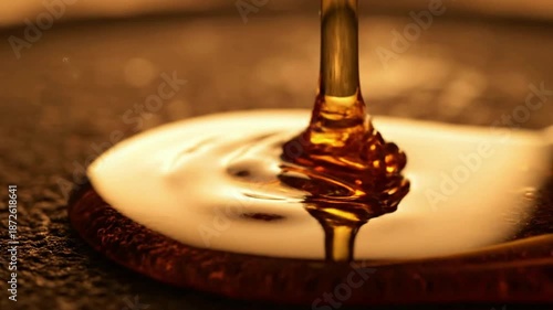 Golden syrup pouring smoothly onto a rustic surface