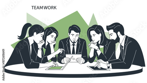 Diverse business team collaborating around a table with tablets and laptops