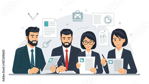 Business Team Meeting Analyzing Documents and Charts for Strategy