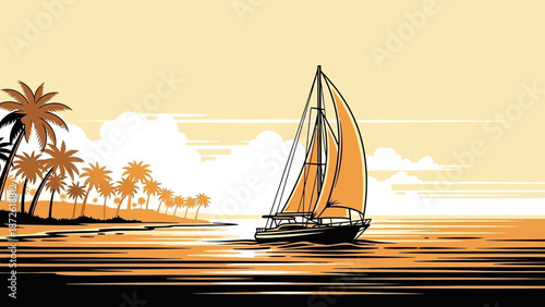 sailboat on tropical sea at sunset.